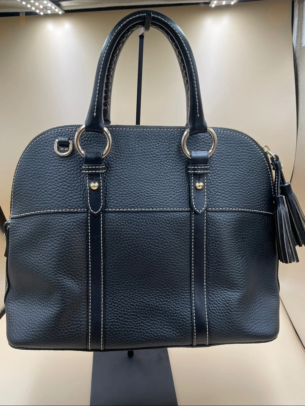 Dooney & Bourke Black Pebbled Leather Dome Satchel with Front Magnetic Clip